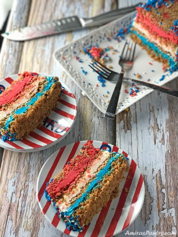 A close up of a plate with red white blue cake on a table, with Ice cream