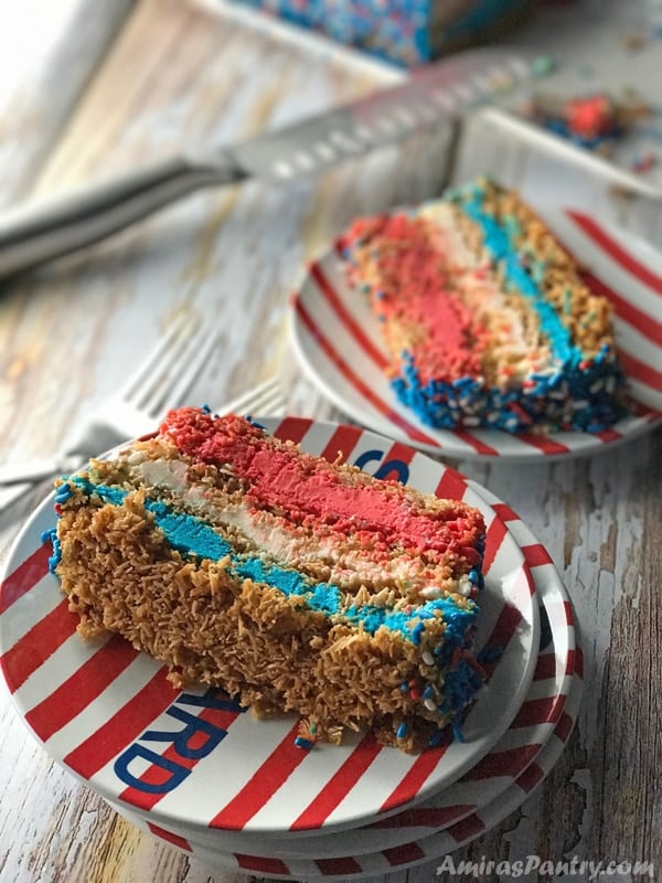 A close up of a plate of a cake on a table, with Ice cream