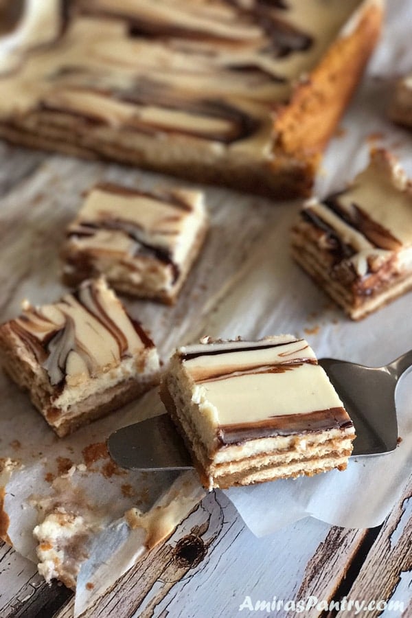 A close up of milk marble dessert on a table