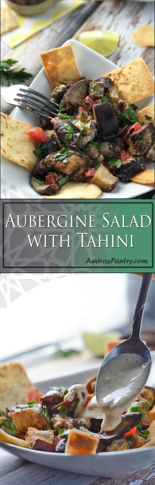 An infograph for Eggplant Salad and Tahini recipe