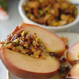 A plate of food, with Apple and Baklava