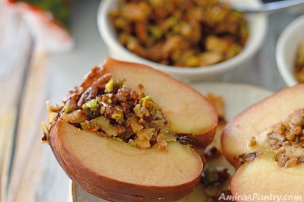 A plate of food, with Apple and Baklava