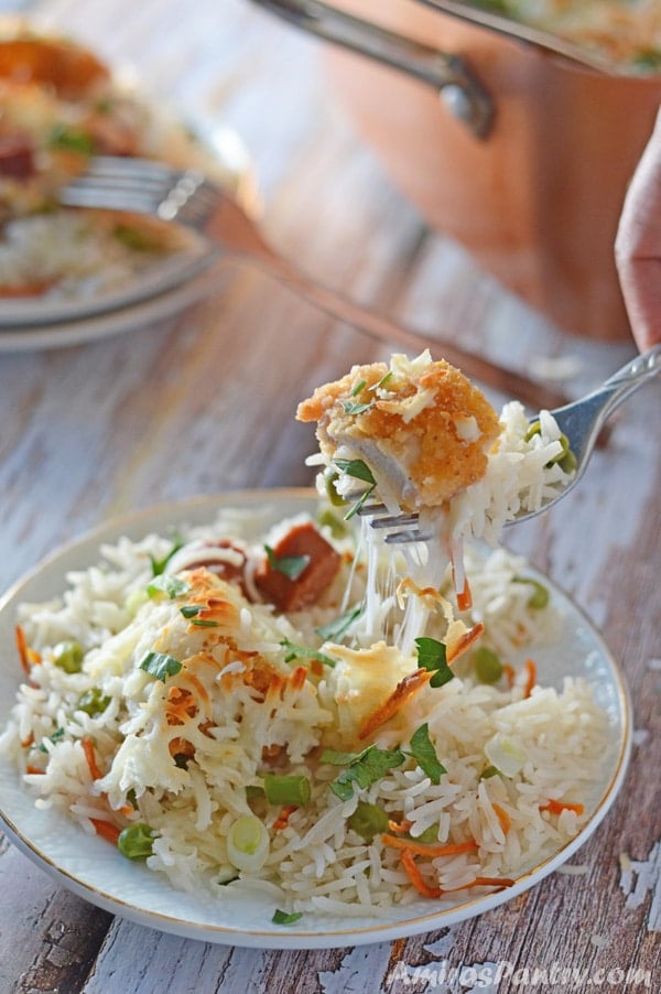 A fork with a plate of food, with Rice and Chicken