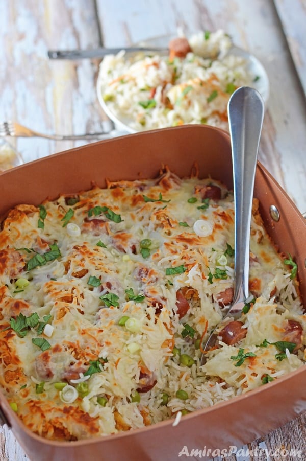 A pot of food with Rice and Chicken