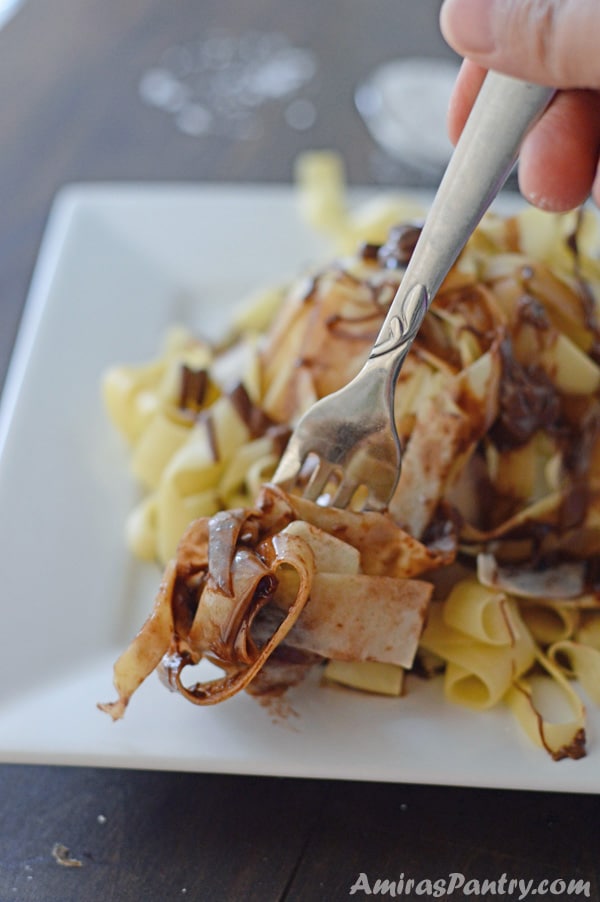 A plate of food with a fork, Fettuccine and Nutella