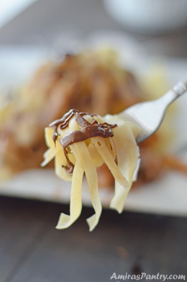 A close up of a Fettuccine and chocolate