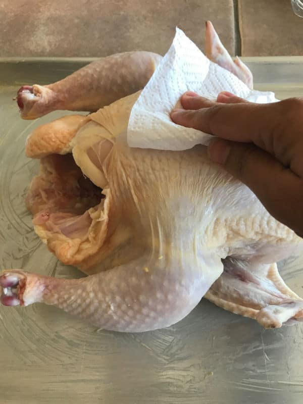 A hand with kitchen patting dry a chicken. 
