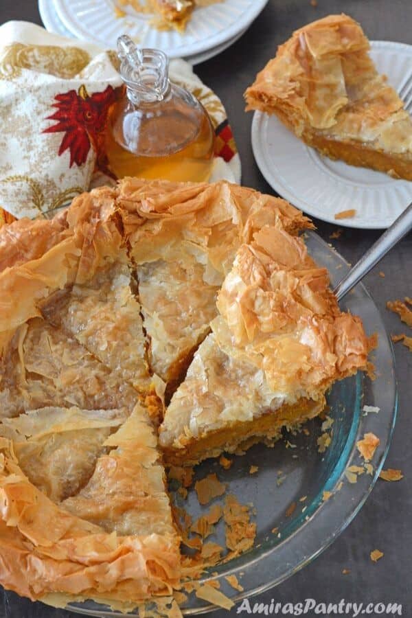 A plate of food on a table, with pumpkin Pie slices