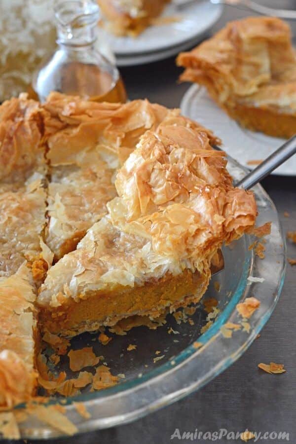 A plate of food on a table, with pumpkin Pie slices