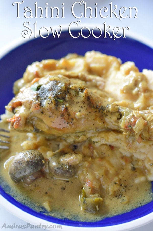 A close up of a plate with tahini chicken stew