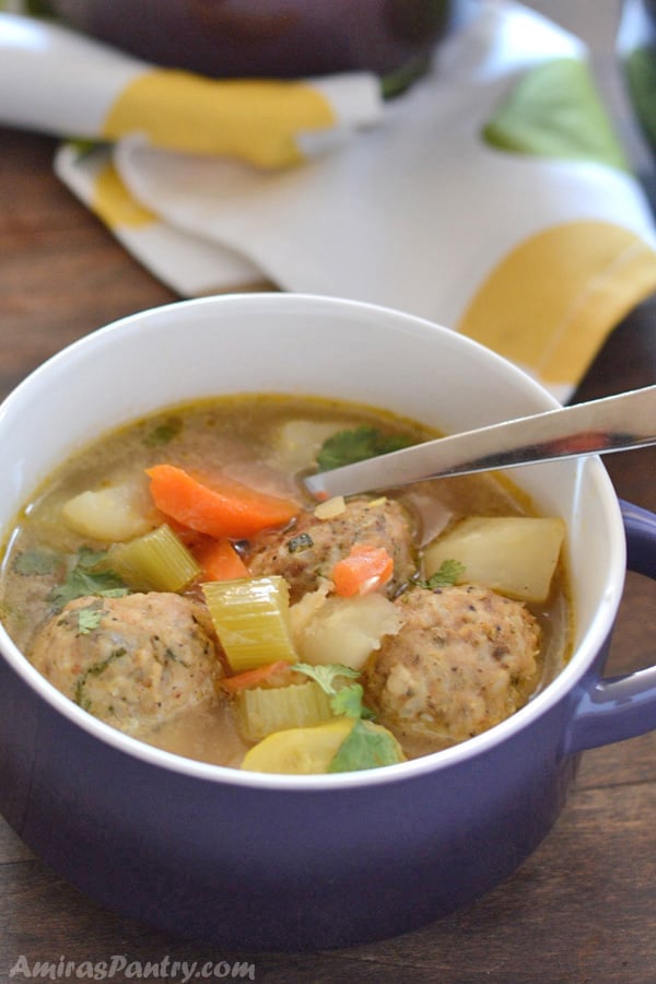 A bowl of food, with Turkey balls and Soup