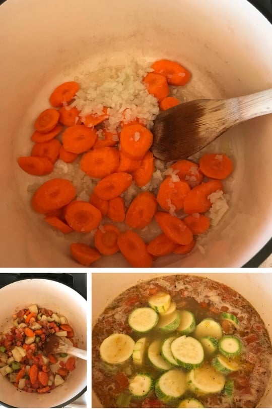 Picture showing steps to sauté onions and carrots then adding the rest of the vegetables and broth