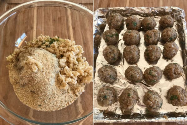 Steps to make turkey meatballs, adding all the ingredients in a deep bowl then forming into balls.