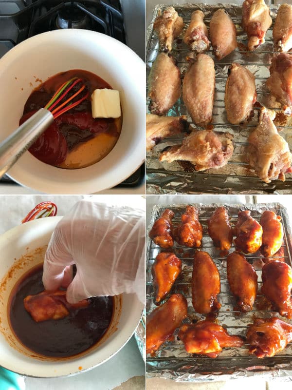 A collage of four images showing how to make bbq wings.