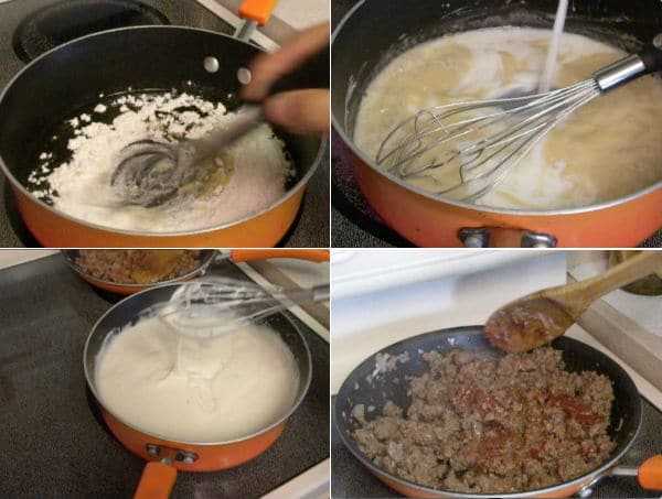 Steps for preparing the bechamel is shown with the final consistency of the bechamel. Also cooking minced meat and adding tomato paste to it,