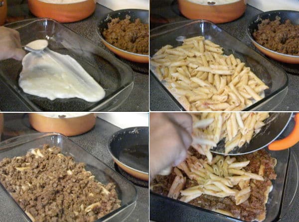 Layering some bechamel sauce at the bottom of the baking dish then pasta topping that with the ground beef . Then adding the remaining pasta on top.