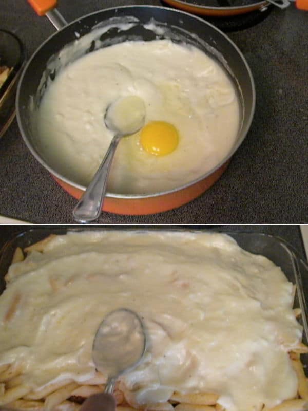 cracking an egg over the remaining cooled bechamel and spreading it over the top of the baking dish.