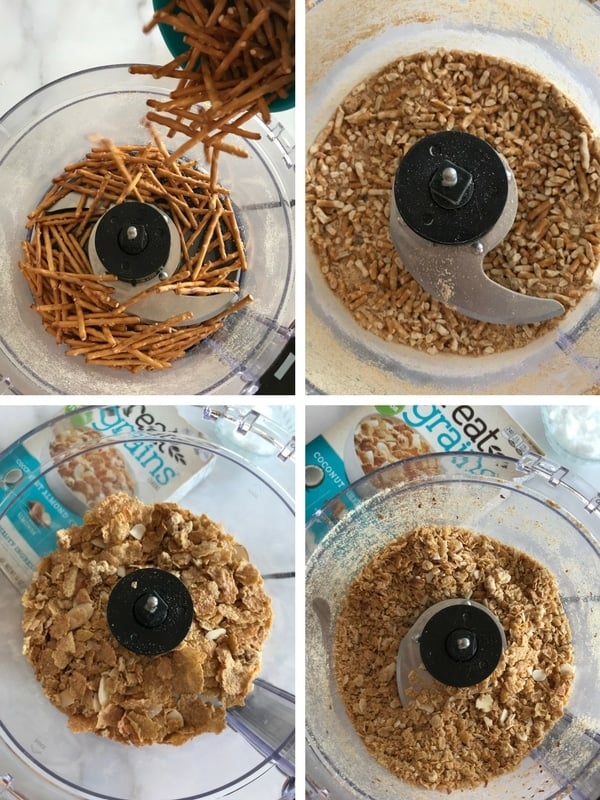 processing pretzels and great grains cereal separately until moderate crumbs form.