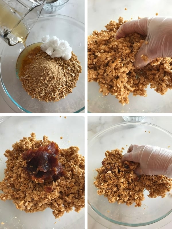 Mixing the crumbs with the rest of the ingredients.