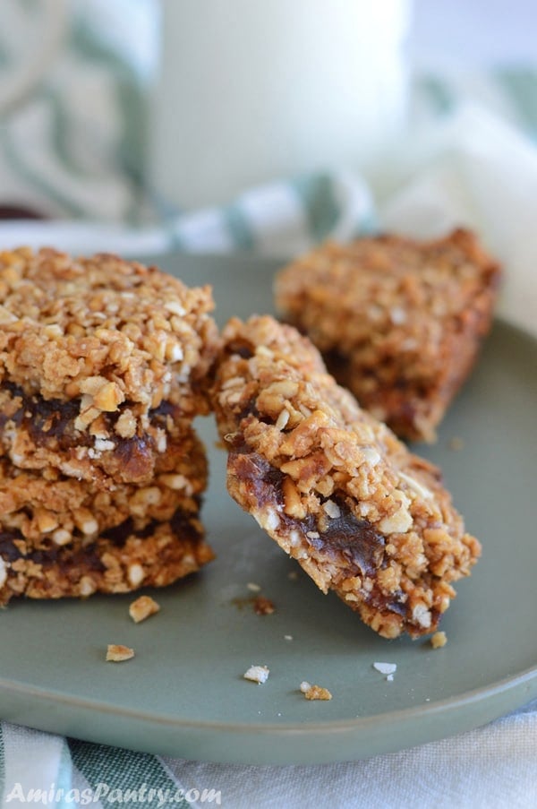 A close up of a piece of granola bar on a plate, with Oats and dates