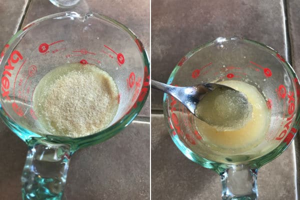 A two image collage showing how to dissolve gelatin for jello mold.