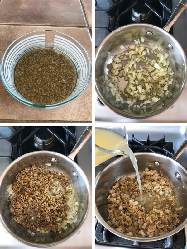 Steps showing how to prepare freekeh soup