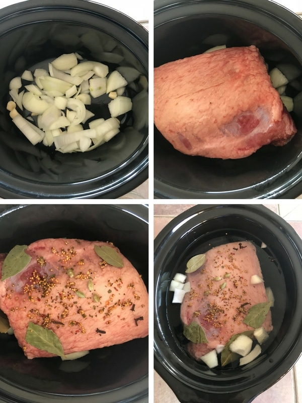 Steps for preparing corned beef in the slow cooker.