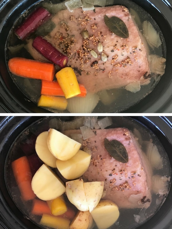 Throwing colorful carrots and potato in the slow cooker.