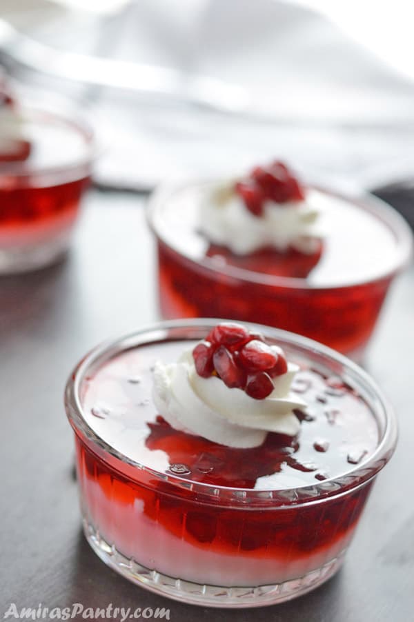 A small cup of pomegranate vanilla parfait on the front with two on the back