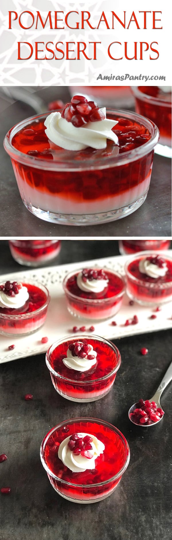 A plate with several glass cups with pomegranate parfaits