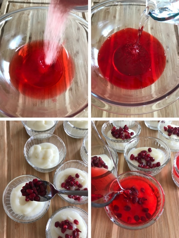 Steps of making the jello layer for the pomegarante dessert