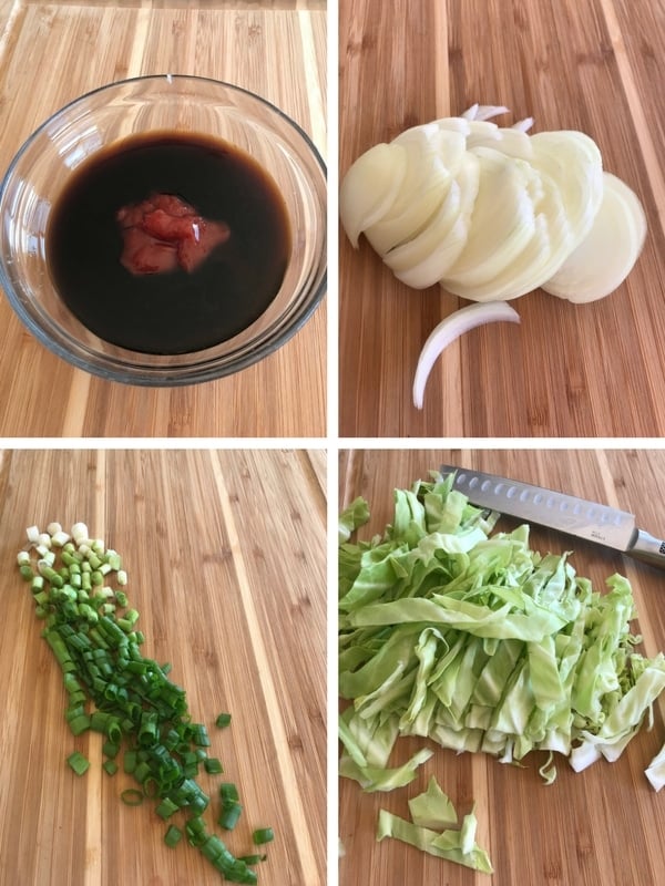 Sauce ingredients in a small bowl and veggies cut to make yakisoba.