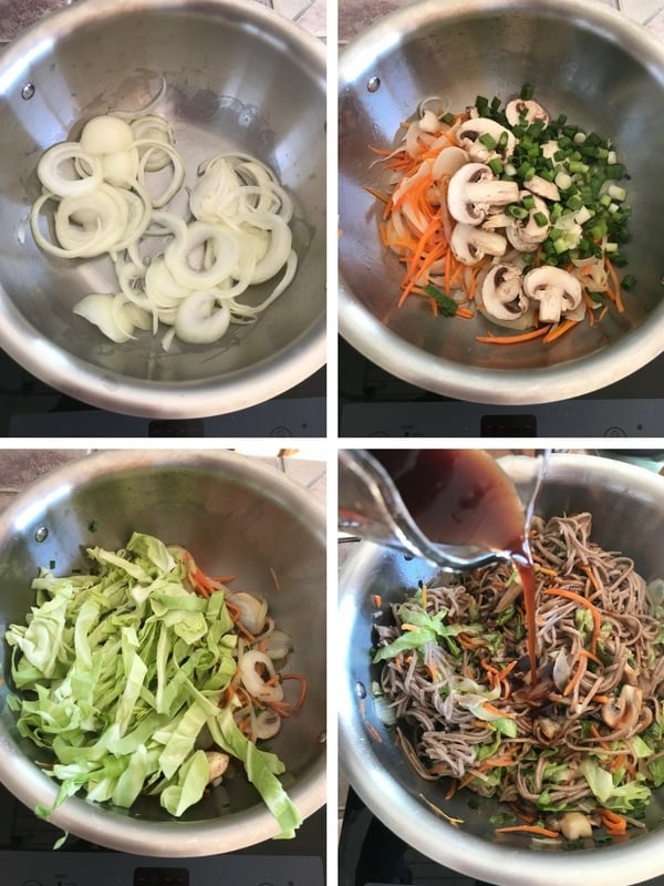 Adding cut vegetables to the pot to make yakisoba then finally adding the noodles and the sauce.