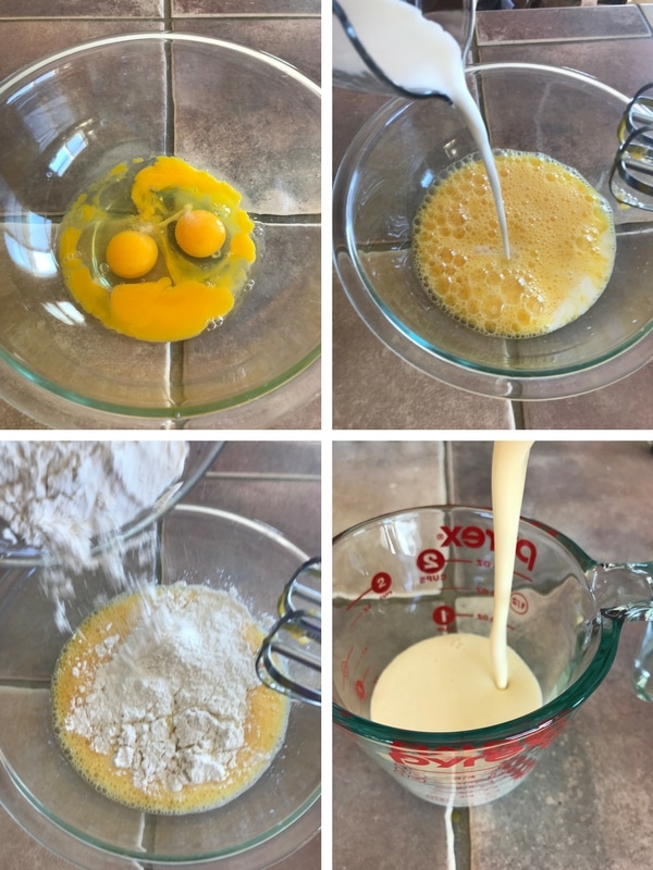 Steps for making the yorkshire batter. beating eggs, adding milk then flour.