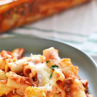 A close up of a plate of food, with baked Ziti pasta