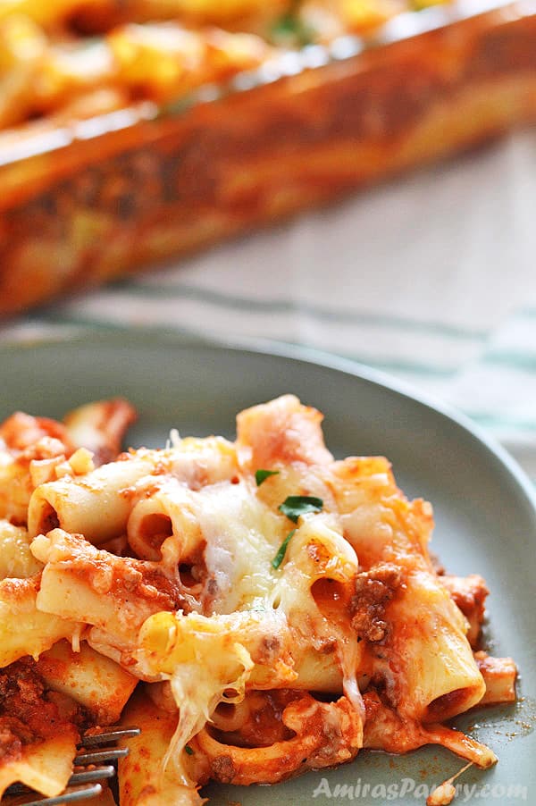 A close up of a plate of food, with baked Ziti pasta