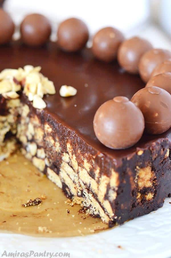 A near shot showing the internal texture of Chocolate Biscuit Cake