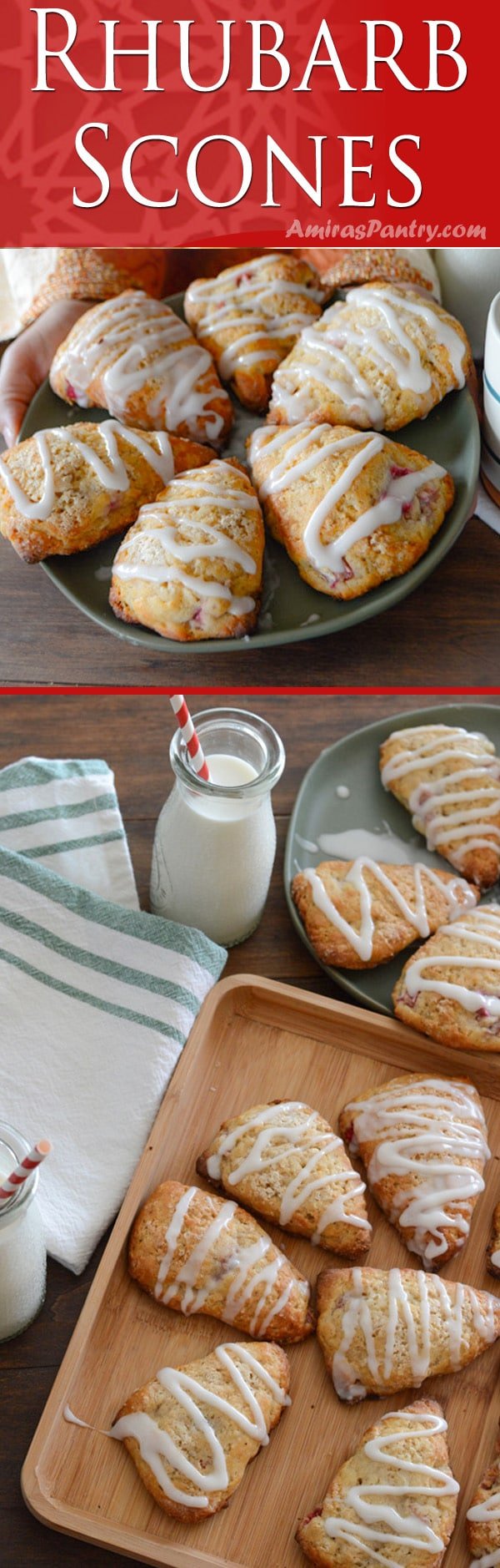 A rhubarb scone in the front iced with sugar icing with some on the back