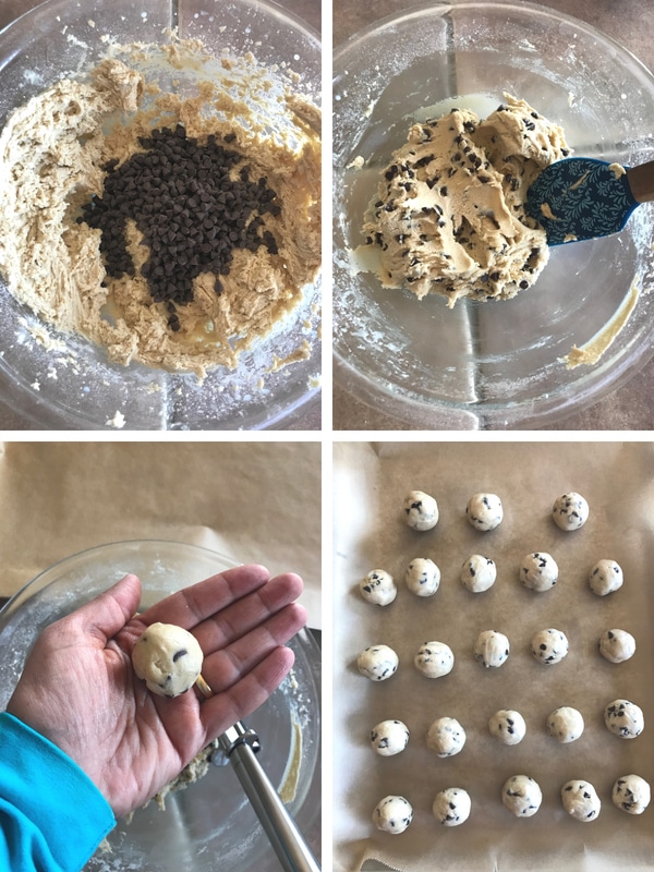 Steps to making chocolate chip cookie dough truffles.