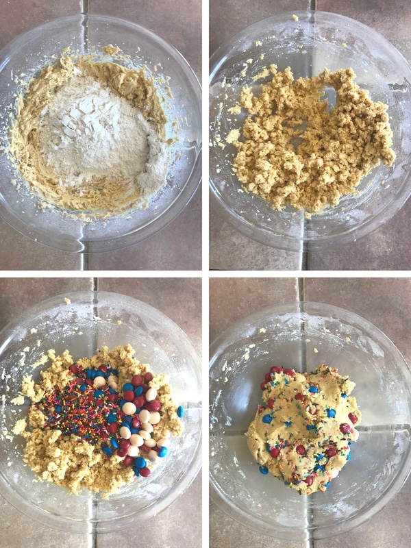 adding dry ingredients and candy to make fireworks pudding cookies.