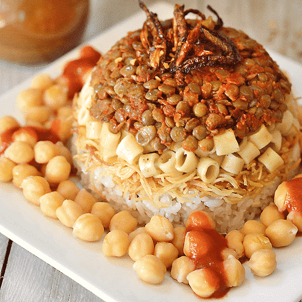 A close up of Koshari with rice, chickpeas and lentils on a plate