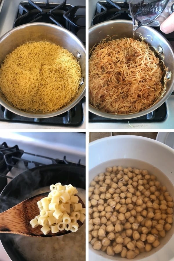 Preparing pastas and soaking chickpeas for Egyptian Koshari