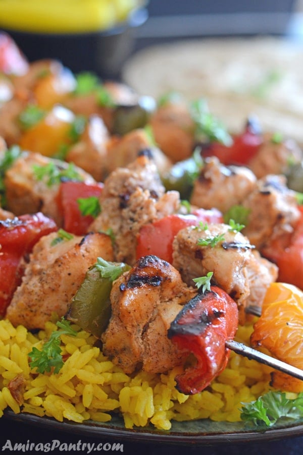 An inforgraph for a food, with Chicken kabob skewers on a plate