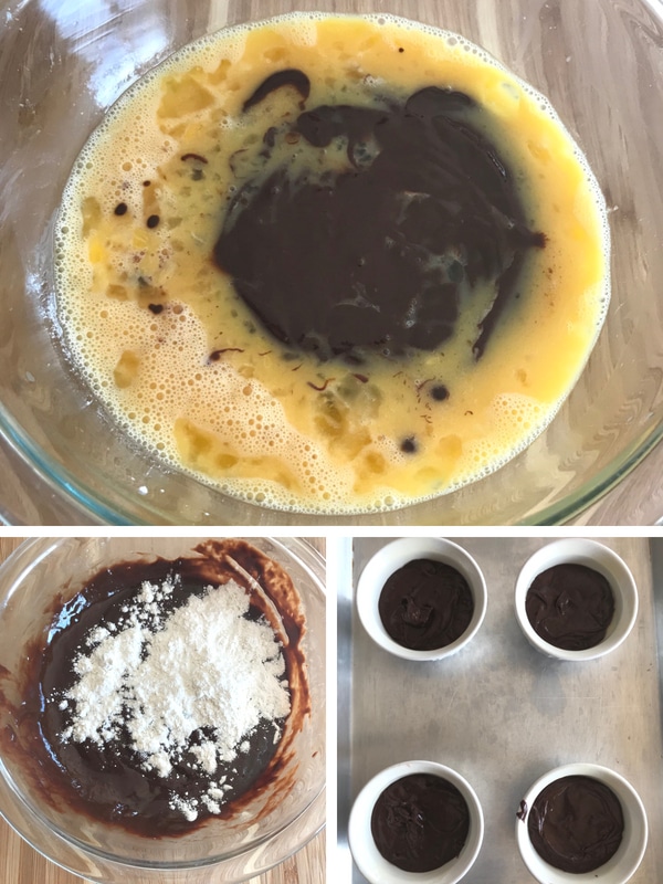 Steps for making chocolate molten lava cake. adding chocolate mix to the egg mixture and adding flour