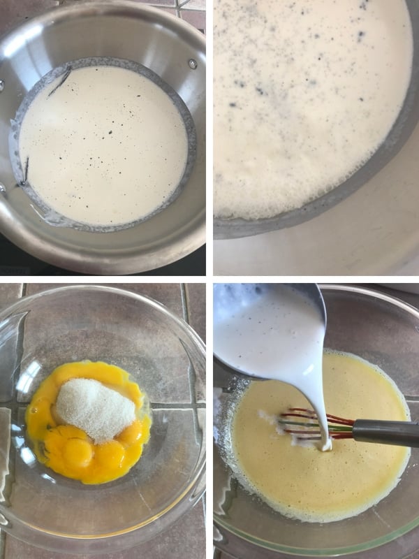 Steps of making easy creme brulee by heating up the cream, mixing egg yolks and sugar then gradulayy adding the two mixes together.