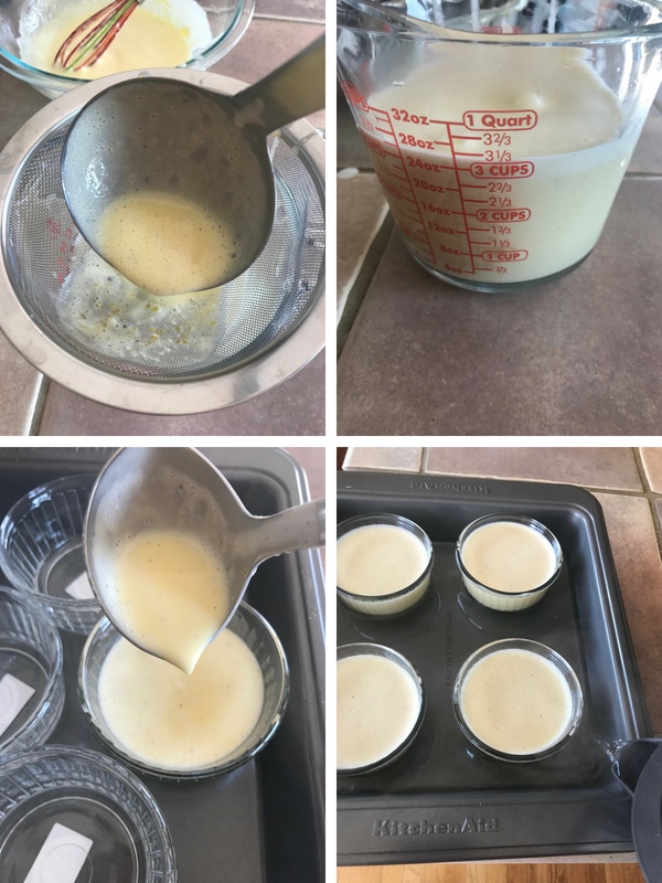 Next Steps of making easy creme brulee by straining the mixture then dividing it into ramekins then baking in a water bath.