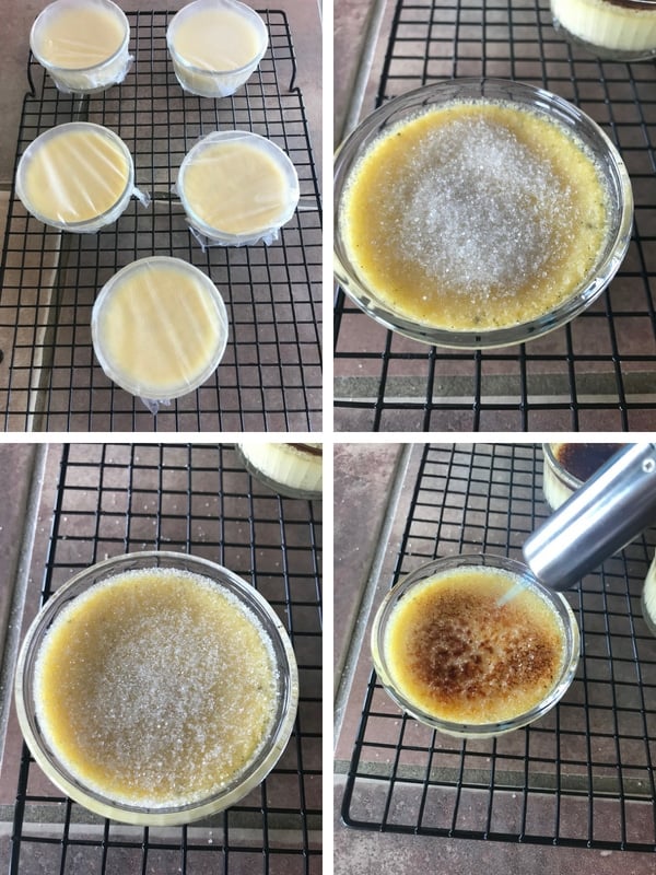 Steps of making easy creme brulee: just before serving, adding sugar and caramelization.