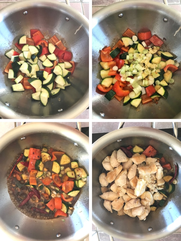 Adding vegetable and sauce to make the easy kung pao chicken recipe