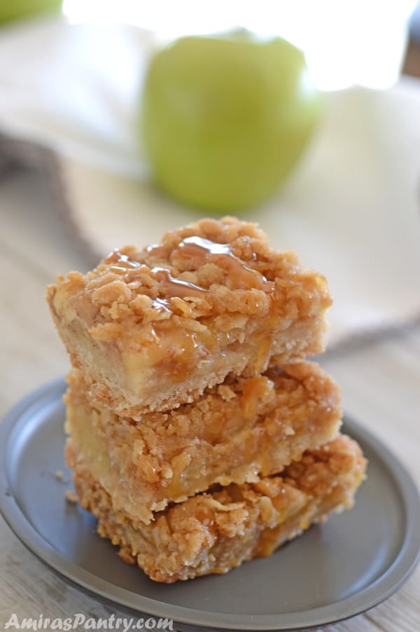 A close up of food on a plate, with Apple crisp bars