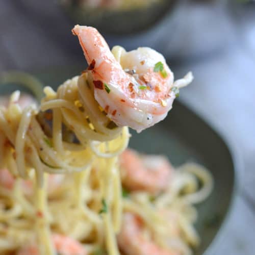 A close up of a bowl of Pasta with sauce, with Shrimp Scampi